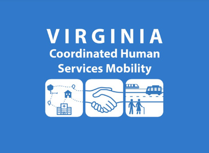 An image depicting a logo for the Virginia Coordinated Human Services Mobility plan. White text and images on a blue background.