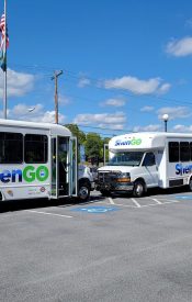 A photographic image of two ShenGo buses parked, facing one another.