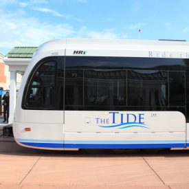 A photographic image of a light rail train from the Hampton Roads Transit (HRT) Tide light rail system in Norfolk.